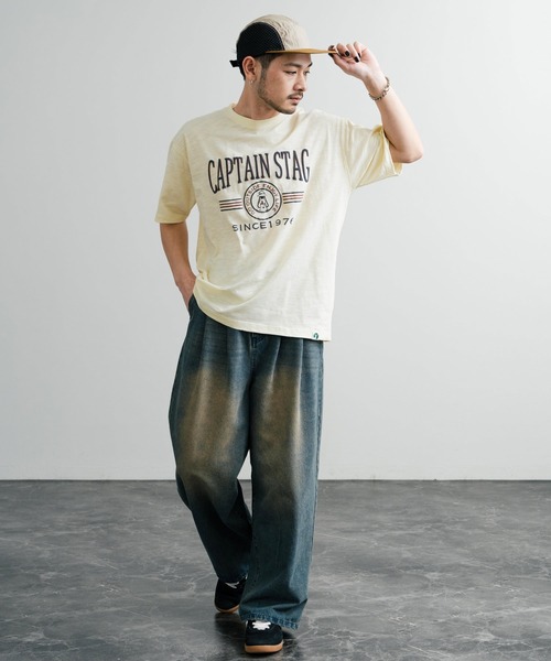 CAPTAIN STAG（キャプテンスタッグ）の「CAPTAIN STAG キャプテンスタッグ ビンテージカレッジプリントクルーネック半袖Tシャツ（Tシャツ/カットソー・メンズ・ネイビー/オレンジ/レッド/ホワイト/グリーン/ライトグリーン/ブルーグレー/オフホワイト・M/L/LL）」の14枚目の写真
