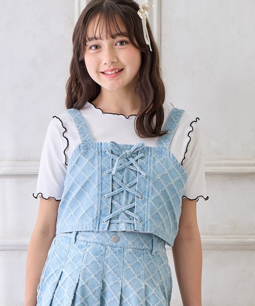 Amourire girl（アムリールガール）の「ダイヤパターンデニムビスチェ×T シャツセット（Tシャツ/カットソー・キッズ・ブルー/サックスブルー・130cm/140cm/150cm/160cm）」の2枚目の写真