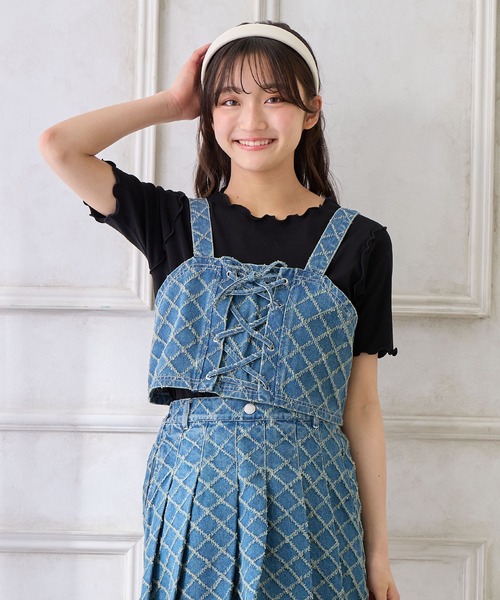 セール】ダイヤパターンデニムビスチェ×T シャツセット（Tシャツ