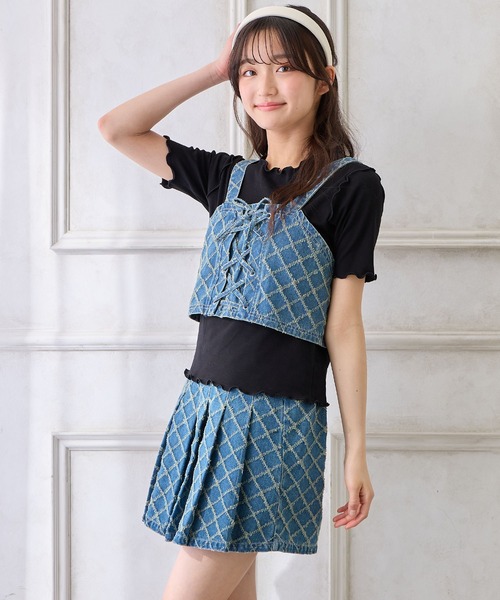 Amourire girl（アムリールガール）の「ダイヤパターンデニムビスチェ×T シャツセット（Tシャツ/カットソー・キッズ・ブルー/サックスブルー・130cm/140cm/150cm/160cm）」の10枚目の写真