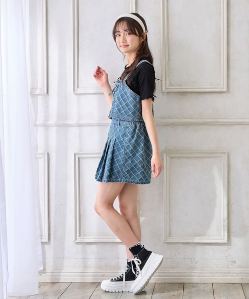Amourire girl（アムリールガール）の「ダイヤパターンデニムビスチェ×T シャツセット（Tシャツ/カットソー・キッズ・ブルー/サックスブルー・130cm/140cm/150cm/160cm）」の18枚目の写真