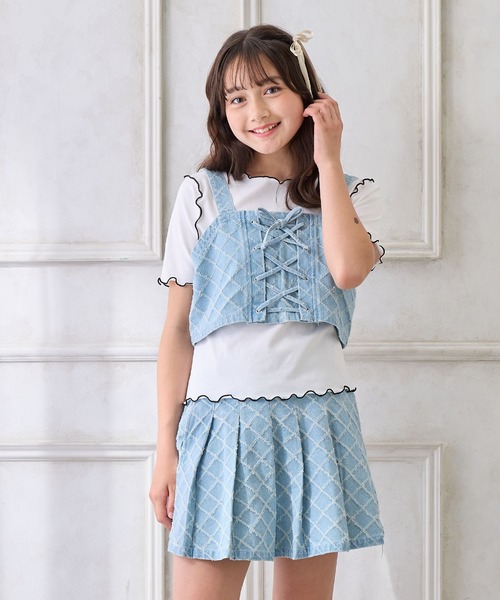 Amourire girl（アムリールガール）の「ダイヤパターンデニムビスチェ×T シャツセット（Tシャツ/カットソー・キッズ・ブルー/サックスブルー・130cm/140cm/150cm/160cm）」の6枚目の写真