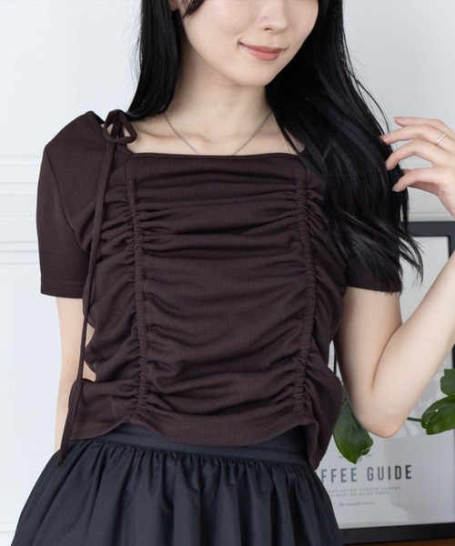 clear（クリア）の「ドロストリボンカットソートップ［韓国ファッション カジュアル］（Tシャツ/カットソー・レディース・ブラック/モカ/ブラウン/オフホワイト・F）」の3枚目の写真