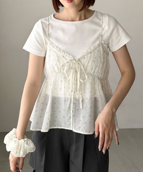 花柄リブ編みトップスとパンツセット シュシュ付花柄キャミ×リブTOPSSET（アンサンブル