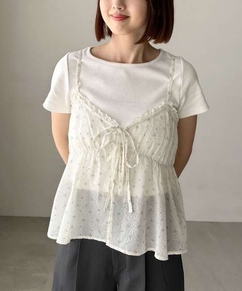 archives（アルシーヴ）の「シュシュ付花柄キャミ×リブＴＯＰＳＳＥＴ（アンサンブル・レディース・オフホワイト/ブラック/ベージュ・MEDIUM）」の5枚目の写真