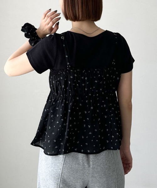 シュシュ付花柄キャミ×リブTOPSSET（アンサンブル