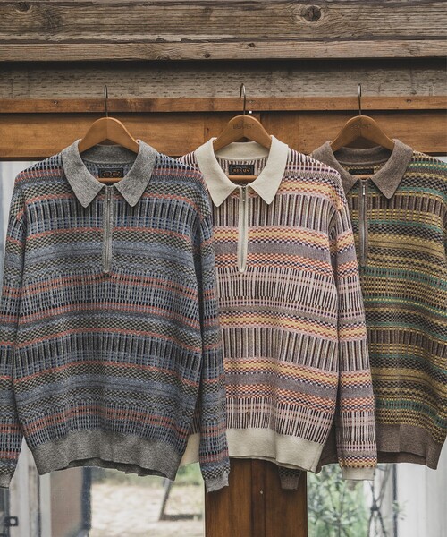 BEAMS PLUS（ビームスプラス）の「ジャカード ハーフジップ ニット ポロシャツ（ポロシャツ・メンズ・グレー/オフホワイト/カーキ・M/XL/S/L）」の6枚目の写真