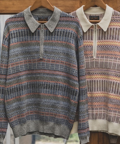 BEAMS PLUS（ビームスプラス）の「ジャカード ハーフジップ ニット ポロシャツ（ポロシャツ・メンズ・グレー/オフホワイト/カーキ・M/XL/S/L）」の2枚目の写真