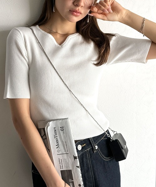 classicalelf(クラシカルエルフ)の「美デコルテを演出♪カーヴィーネック リブニットソー トップス(半袖)(Tシャツ/カットソー・レディース・その他/オフホワイト/ブラック/ブラウン・X-LARGE/LARGE/SMALL/MEDIUM)」の7枚目の写真