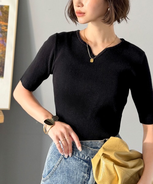classicalelf(クラシカルエルフ)の「美デコルテを演出♪カーヴィーネック リブニットソー トップス(半袖)(Tシャツ/カットソー・レディース・その他/オフホワイト/ブラック/ブラウン・X-LARGE/LARGE/SMALL/MEDIUM)」の13枚目の写真