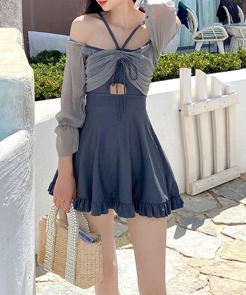 体型カバー フリル 花柄 ロングスリーブ ワンピース水着/送料込 2wayの着こなしが楽しめる オフショル シアースリーブ