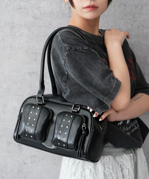 WEGO（ウィゴー）の「WEGO/スタッズ付き立体ポケットボストン（ハンドバッグ・レディース・ブラウン/ブラック・FREE）」の6枚目の写真