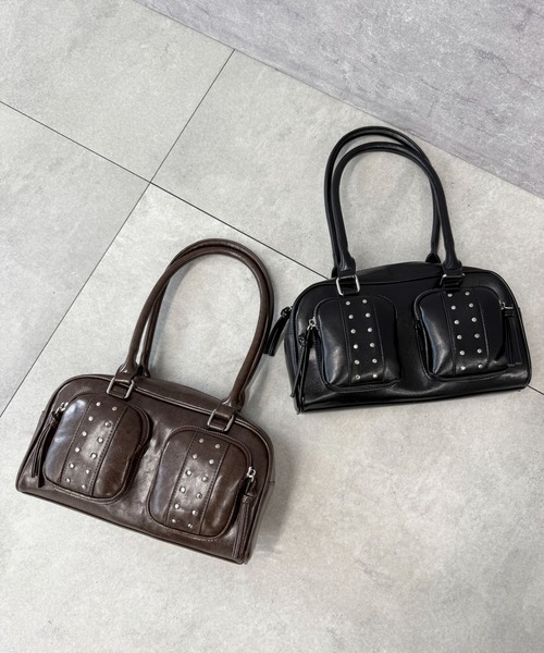 WEGO（ウィゴー）の「WEGO/スタッズ付き立体ポケットボストン（ハンドバッグ・レディース・ブラウン/ブラック・FREE）」の3枚目の写真