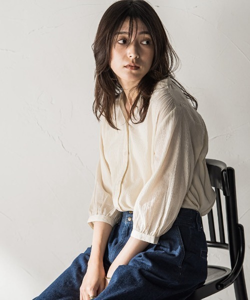 MAYSON GREY（メイソングレイ）の「【WEB限定】バンドカラー楊柳7分袖シャツ≪洗濯機で洗える≫（シャツ/ブラウス・レディース・ベージュ/ホワイト/グリーン/ブラック・M）」の3枚目の写真