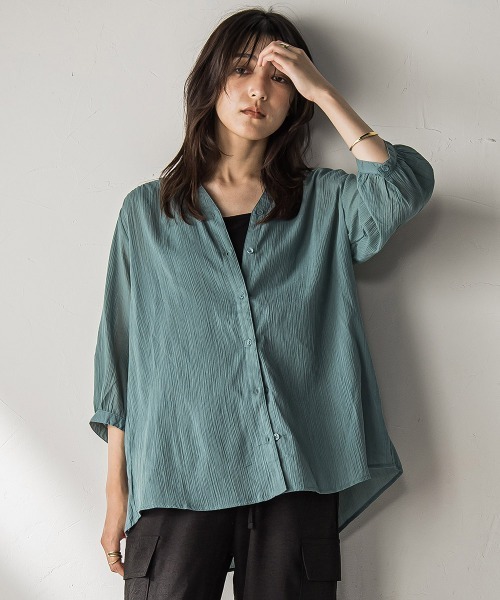 MAYSON GREY（メイソングレイ）の「【WEB限定】バンドカラー楊柳7分袖シャツ≪洗濯機で洗える≫（シャツ/ブラウス・レディース・ベージュ/ホワイト/グリーン/ブラック・M）」の4枚目の写真