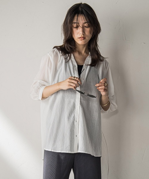 MAYSON GREY（メイソングレイ）の「【WEB限定】バンドカラー楊柳7分袖シャツ≪洗濯機で洗える≫（シャツ/ブラウス・レディース・ベージュ/ホワイト/グリーン/ブラック・M）」の6枚目の写真