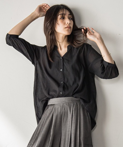 MAYSON GREY（メイソングレイ）の「【WEB限定】バンドカラー楊柳7分袖シャツ≪洗濯機で洗える≫（シャツ/ブラウス・レディース・ベージュ/ホワイト/グリーン/ブラック・M）」の14枚目の写真