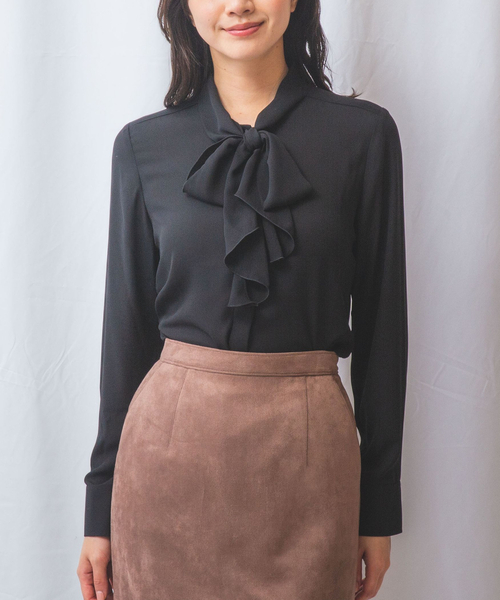 セール】【NARACAMICIE】無地ジョーゼットラッフルボウタイ長袖