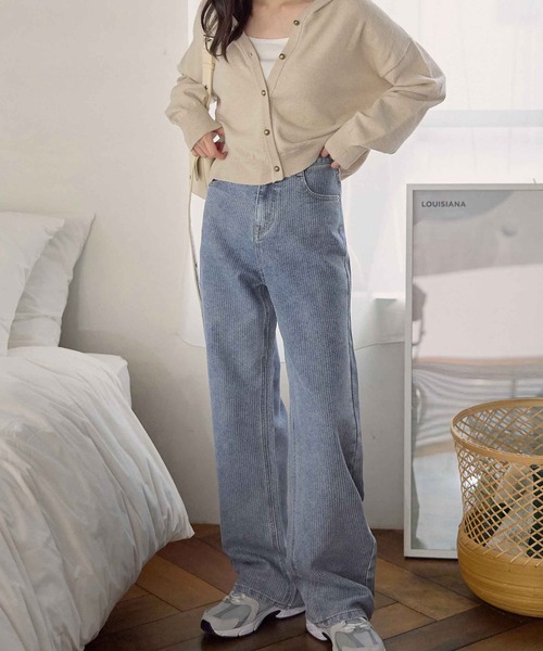 CHAN ME（チャンミ）の「ストライプストレートワイドデニムパンツ（デニムパンツ・レディース・ブラック/インディゴブルー/ブルー系その他・LARGE/MEDIUM/SMALL）」の3枚目の写真