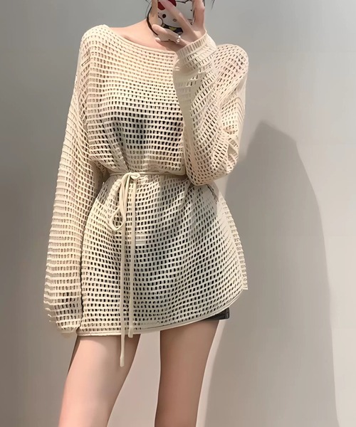 H.TOKYO（エイチトウキョウ）の「メッシュ編み ウエストリボン チュニック丈ニット（ニット/セーター・レディース・ベージュ/ホワイト/ブラック・FREE）」の3枚目の写真