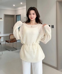 メッシュ編み ウエストリボン チュニック丈ニット