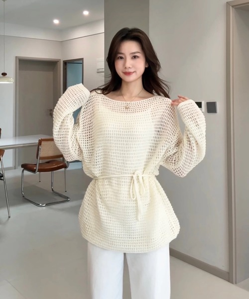 H.TOKYO（エイチトウキョウ）の「メッシュ編み ウエストリボン チュニック丈ニット（ニット/セーター・レディース・ベージュ/ホワイト/ブラック・FREE）」の2枚目の写真