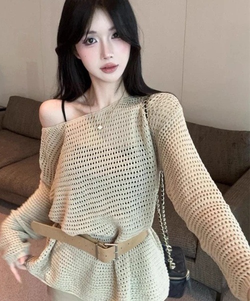 H.TOKYO（エイチトウキョウ）の「メッシュ編み ウエストリボン チュニック丈ニット（ニット/セーター・レディース・ベージュ/ホワイト/ブラック・FREE）」の5枚目の写真