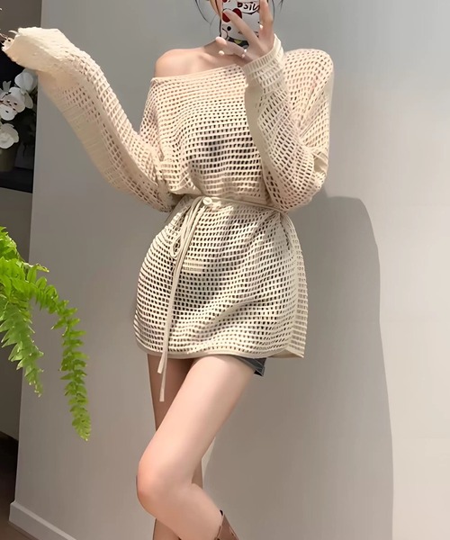 H.TOKYO（エイチトウキョウ）の「メッシュ編み ウエストリボン チュニック丈ニット（ニット/セーター・レディース・ベージュ/ホワイト/ブラック・FREE）」の6枚目の写真
