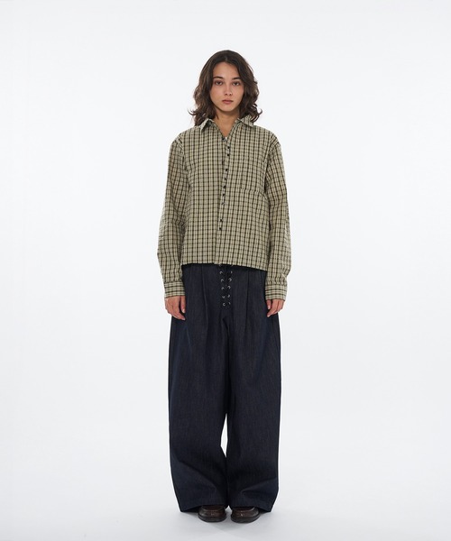 WISH FOR EVER（ウィッシュフォーエバー）の「FAKE BOTTON SEERSUCKER LONG SLEEVE SHORT SHIRT / フェイクボタンシアサッカーロングスリーブショートシャツ（シャツ/ブラウス・メンズ・ライトブルー/カーキ/レッド・LARGE/SMALL/MEDIUM）」の7枚目の写真