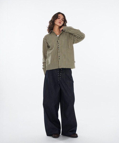 WISH FOR EVER（ウィッシュフォーエバー）の「FAKE BOTTON SEERSUCKER LONG SLEEVE SHORT SHIRT / フェイクボタンシアサッカーロングスリーブショートシャツ（シャツ/ブラウス・メンズ・ライトブルー/カーキ/レッド・LARGE/SMALL/MEDIUM）」の12枚目の写真