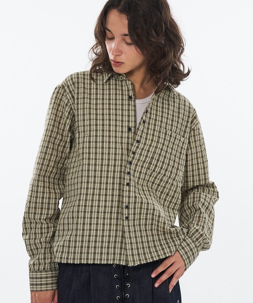WISH FOR EVER（ウィッシュフォーエバー）の「FAKE BOTTON SEERSUCKER LONG SLEEVE SHORT SHIRT / フェイクボタンシアサッカーロングスリーブショートシャツ（シャツ/ブラウス・メンズ・ライトブルー/カーキ/レッド・LARGE/SMALL/MEDIUM）」の15枚目の写真