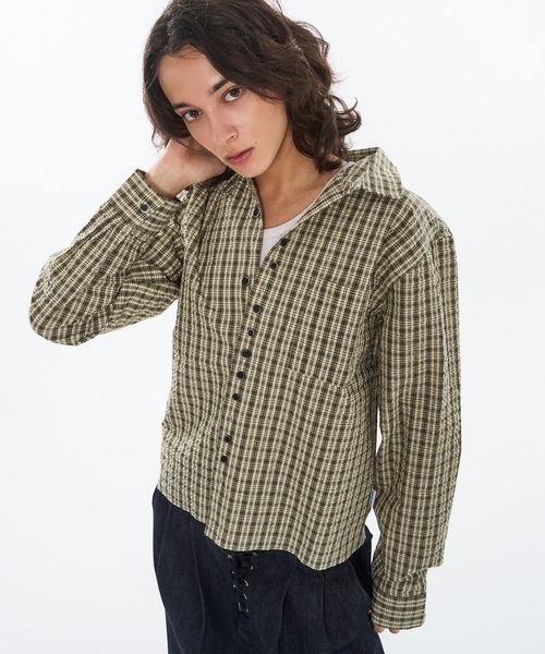 WISH FOR EVER（ウィッシュフォーエバー）の「FAKE BOTTON SEERSUCKER LONG SLEEVE SHORT SHIRT / フェイクボタンシアサッカーロングスリーブショートシャツ（シャツ/ブラウス・メンズ・ライトブルー/カーキ/レッド・LARGE/SMALL/MEDIUM）」の18枚目の写真