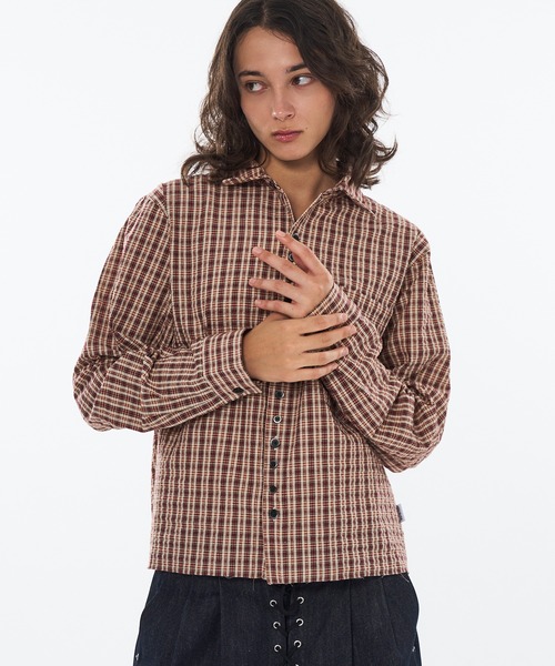 WISH FOR EVER（ウィッシュフォーエバー）の「FAKE BOTTON SEERSUCKER LONG SLEEVE SHORT SHIRT / フェイクボタンシアサッカーロングスリーブショートシャツ（シャツ/ブラウス・メンズ・ライトブルー/カーキ/レッド・LARGE/SMALL/MEDIUM）」の5枚目の写真