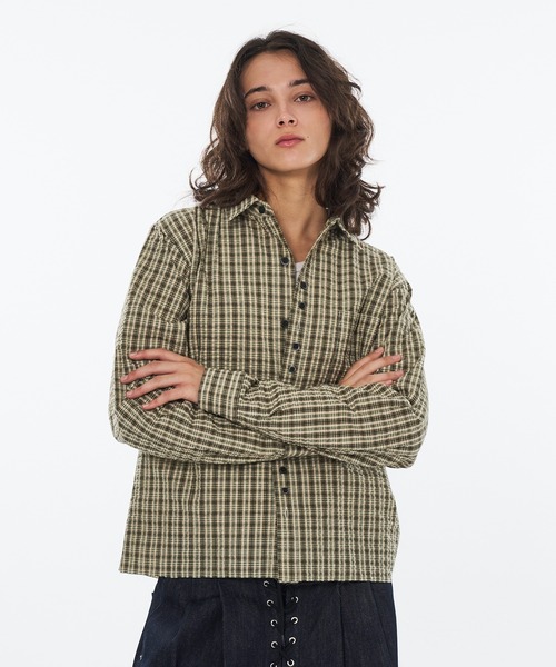 WISH FOR EVER（ウィッシュフォーエバー）の「FAKE BOTTON SEERSUCKER LONG SLEEVE SHORT SHIRT / フェイクボタンシアサッカーロングスリーブショートシャツ（シャツ/ブラウス・メンズ・ライトブルー/カーキ/レッド・LARGE/SMALL/MEDIUM）」の6枚目の写真