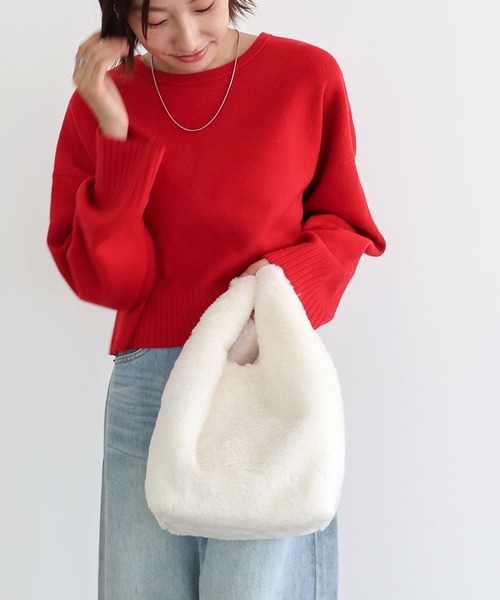 T・S・L（ティーエスエル）の「エコファーショッパーバッグ（トートバッグ・レディース・ホワイト/チャコールグレー/グレイッシュベージュ/サックスブルー/イエロー/ピンク・FREE）」の7枚目の写真