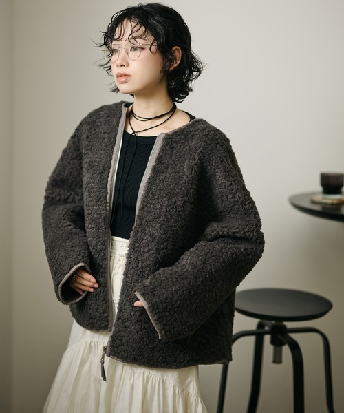 LAULEN(ローレン)の「front zip volume boa blouson /フロントジップボリュームボアブルゾン(ブルゾン・レディース・グレー/アイボリー・FREE)」の1枚目の写真