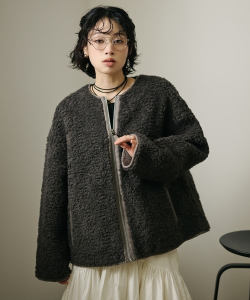 LAULEN(ローレン)の「front zip volume boa blouson /フロントジップボリュームボアブルゾン(ブルゾン・レディース・グレー/アイボリー・FREE)」の22枚目の写真