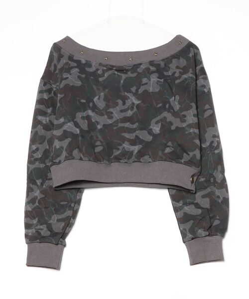 .KOM(ドットコム)の「A'GEM/9 × .kom 『.KOM/ドットケーオーエム』 Y2K Camouflage Off-Shoulder Sweatshirt/Y2K カモフラージュ オフショルダースウェット(スウェット・レディース・グリーン/グレー・FREE)」の16枚目の写真
