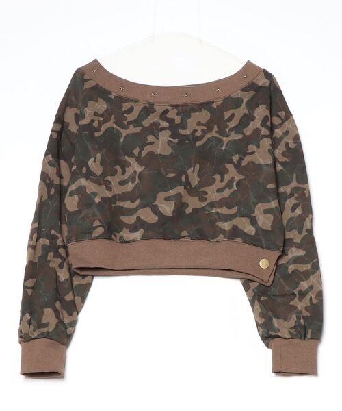 .KOM(ドットコム)の「A'GEM/9 × .kom 『.KOM/ドットケーオーエム』 Y2K Camouflage Off-Shoulder Sweatshirt/Y2K カモフラージュ オフショルダースウェット(スウェット・レディース・グリーン/グレー・FREE)」の15枚目の写真
