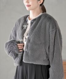 rps | リボン釦フェイクファージャケット(ノーカラージャケット)