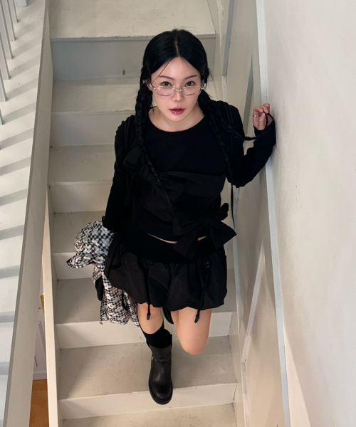 ダブルリボンタイトトップ_ブラック（Tシャツ/カットソー）｜CRANK