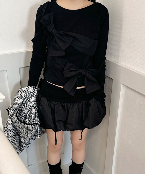 ダブルリボンタイトトップ_ブラック（Tシャツ/カットソー）｜CRANK