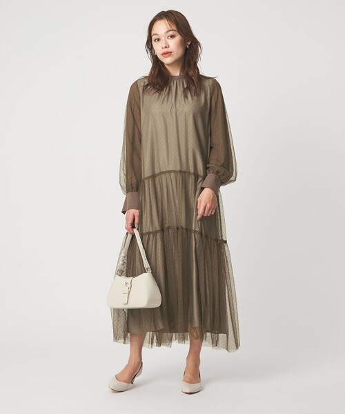 green label relaxing（グリーンレーベルリラクシング）の「チュール ティアード ワンピース（ドレス・レディース・モカ/ブラック・FREE）」の20枚目の写真