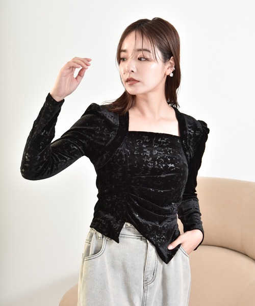Y/lim(イリム)の「スクエアネックメッシュベロアニュアンス柄ブラウス(Tシャツ/カットソー・レディース・ブラック/ブラウン・FREE)」の9枚目の写真