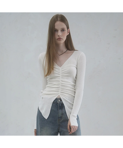 Vivacious(ビバシャス)の「Blanc Shirring Slit Knit - 5COL(ニット/セーター・レディース・チャコール/オリーブ/ブルー/アイボリー/ブラック・FREE)」の2枚目の写真