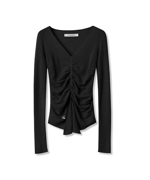 Vivacious(ビバシャス)の「Blanc Shirring Slit Knit - 5COL(ニット/セーター・レディース・チャコール/オリーブ/ブルー/アイボリー/ブラック・FREE)」の1枚目の写真
