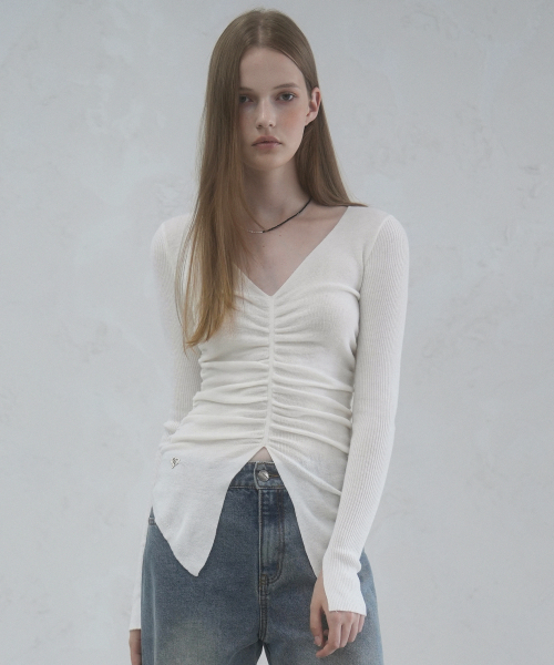 Vivacious(ビバシャス)の「Blanc Shirring Slit Knit - 5COL(ニット/セーター・レディース・チャコール/オリーブ/ブルー/アイボリー/ブラック・FREE)」の9枚目の写真