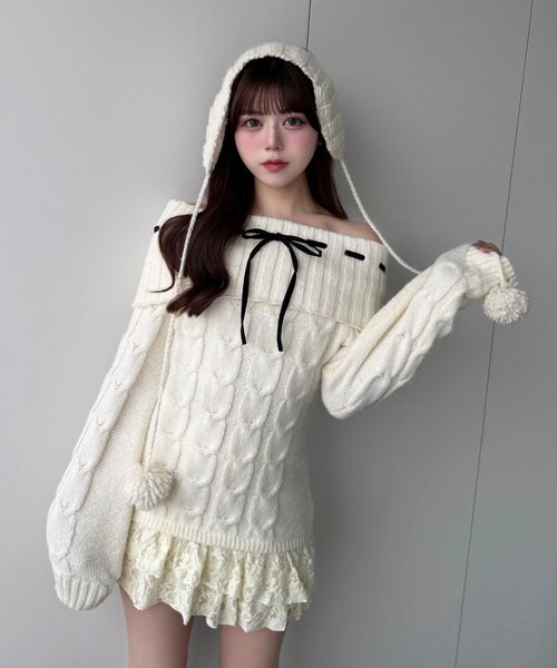 OLIVE des OLIVE(オリーブデオリーブ)の「【インフルエンサー企画】YUI girly cable one-piece(ワンピース・レディース・アイボリー/ブラック/チャコールグレー・FREE)」の13枚目の写真