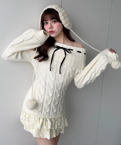 OLIVE des OLIVE(オリーブデオリーブ)の「【インフルエンサー企画】YUI girly cable one-piece(ワンピース・レディース・アイボリー/ブラック/チャコールグレー・FREE)」の14枚目の写真