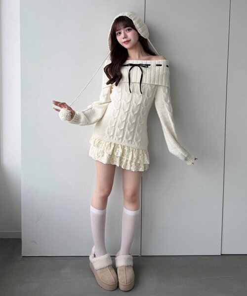 OLIVE des OLIVE(オリーブデオリーブ)の「【インフルエンサー企画】YUI girly cable one-piece(ワンピース・レディース・アイボリー/ブラック/チャコールグレー・FREE)」の15枚目の写真